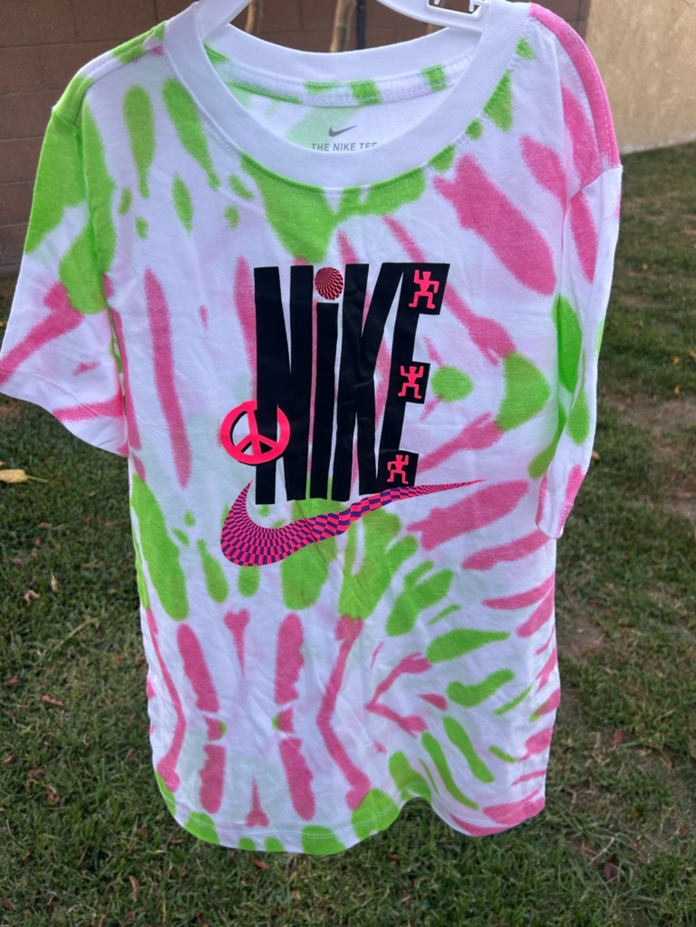 Nike Kids Tie-Dye Tee in Pink & Green with Bold Black Logo